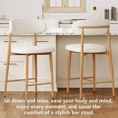 Set of 2 Counter Height Bar Stools: Upholstered Barstools with Metal Legs for Kitchen Island Dining Room in Beige - Comfortable & Chic Industrial Style, Premium Quality Bar Height Seating