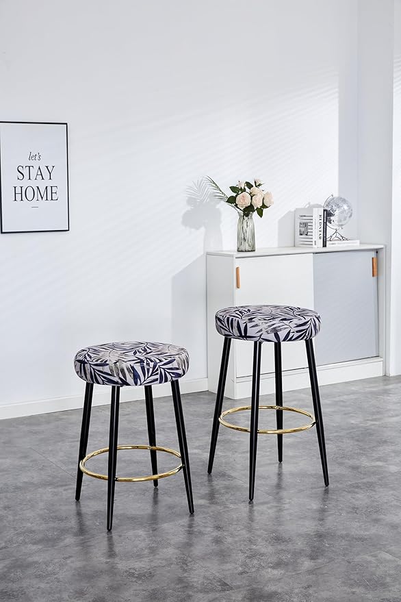 Counter Height Bar Stools Set of 2, PU Kitchen Stools Upholstered Dining Chair Stools 24 Inches Height with Golden Footrest for Kitchen Island Coffee Shop Bar Home Balcony Silver Leaves Velvet