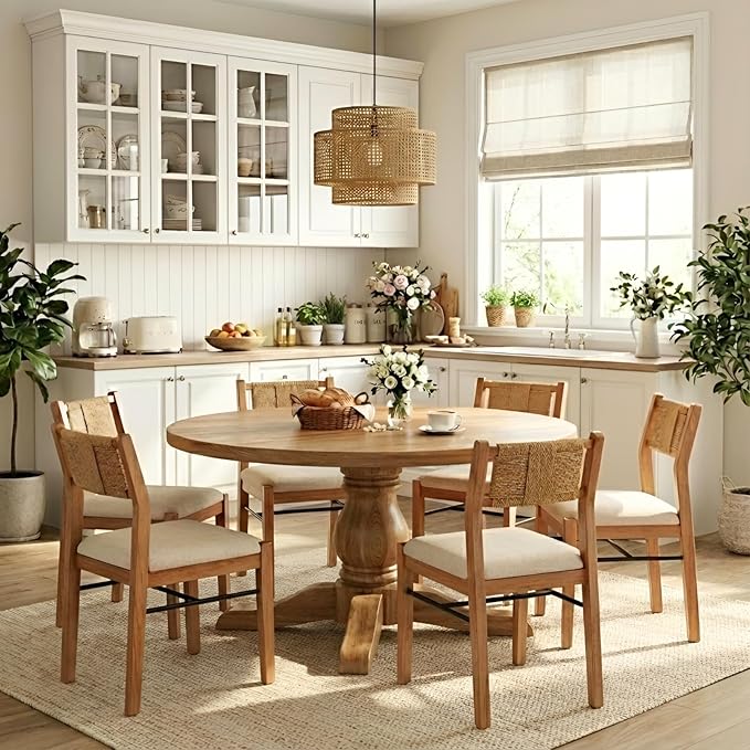 RIVOVA Farmhouse Woven Dining Chairs Set of 6 with Weave Paper Rope Back, Beige Linen Upholstered Kitchen & Dining Room Chairs with Natural Wood Legs, Mid-Century Armless Kitchen Side Chair