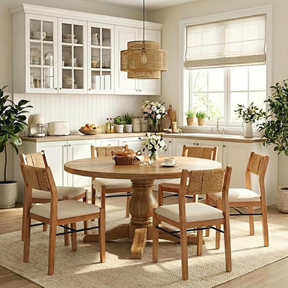 RIVOVA Farmhouse Woven Dining Chairs Set of 6 with Weave Paper Rope Back, Beige Linen Upholstered Kitchen & Dining Room Chairs with Natural Wood Legs, Mid-Century Armless Kitchen Side Chair
