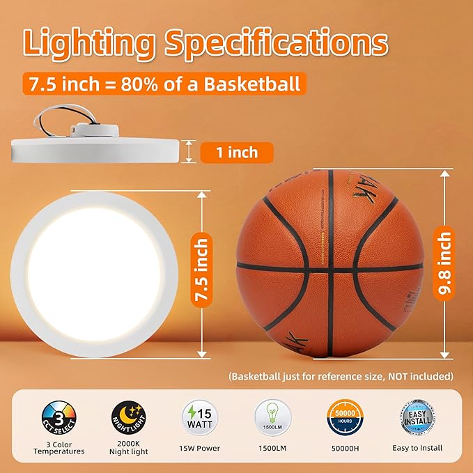 Hlite 7.5 Inch Flush Mount LED Ceiling Light with Night Light, CRI90, 15W, 1500 LM, 3000K/4000K/5000K Selectable, Flat Round LED Ceiling Light, Dimmable Bedroom Lights for Ceiling, White(1Pack)