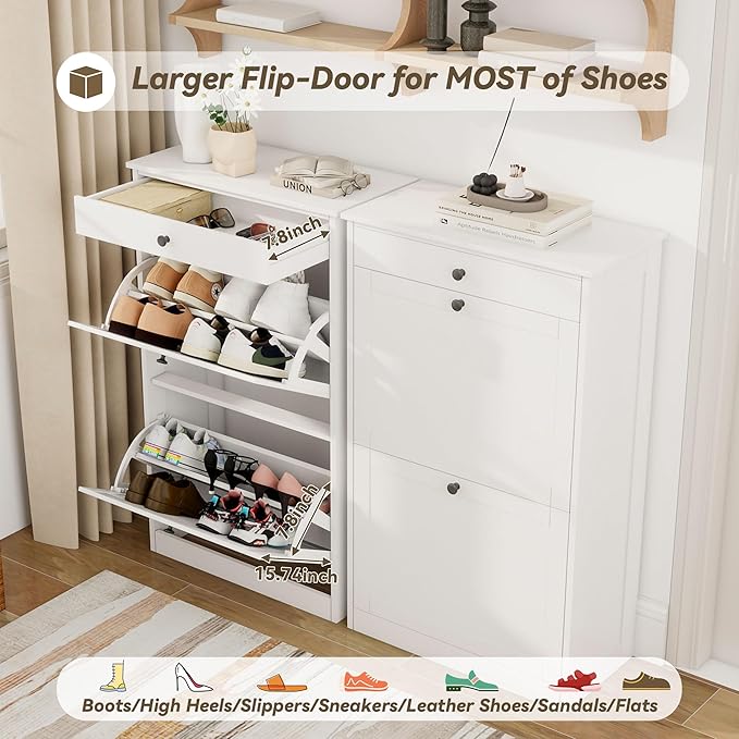 FTZxHKLX Shoe Cabinet with 2 Flip Drawers Set of 2, Small Wood Modern Shoe Organizer with Adjustable Shelf, Narrow Freestanding Hidden Shoe Cabinet Storage for Entryway, Hallway, Living Room, White