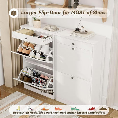 FTZxHKLX Shoe Cabinet with 2 Flip Drawers Set of 2, Small Wood Modern Shoe Organizer with Adjustable Shelf, Narrow Freestanding Hidden Shoe Cabinet Storage for Entryway, Hallway, Living Room, White