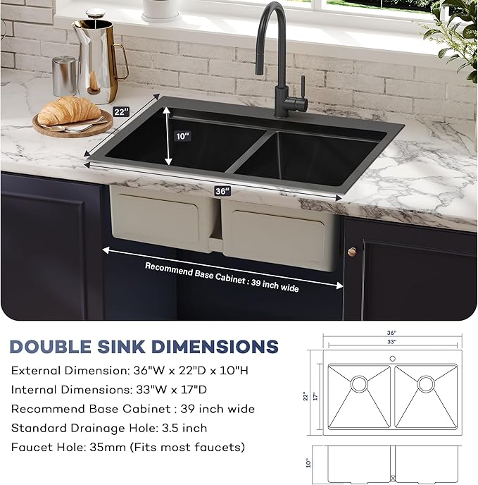 MILOSEN 36 Inch Black Double Bowl Kitchen Sink, 36''x22'' Black Drop in 16 Gauge T304 Stainless Steel Sinks, Workstation Sink 50/50 Topmount Double Basin with Accessories, 10'' Deep and Large Sinks