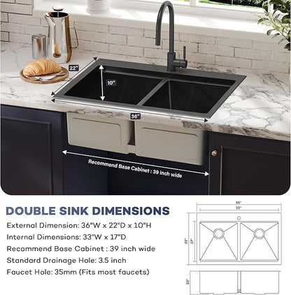 MILOSEN 36 Inch Black Double Bowl Kitchen Sink, 36''x22'' Black Drop in 16 Gauge T304 Stainless Steel Sinks, Workstation Sink 50/50 Topmount Double Basin with Accessories, 10'' Deep and Large Sinks