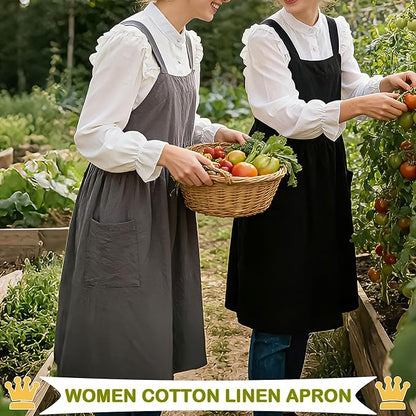Uaussi Cotton Linen Apron Cross Back Work Apron for Women with Pockets Pinafore Dress X Cross Halter Apron for Chef Gardening