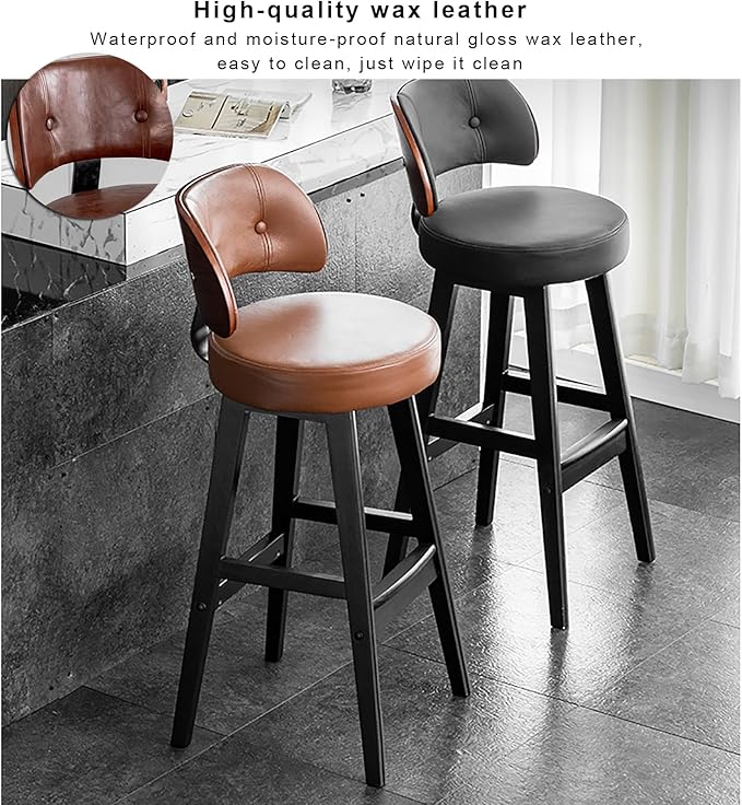 Set of 2/4 Counter Height Stools, 33" Upholstered Faux Leather with Back and Solid Wood Legs, Mid Century Chair for Kitchen Island Dining Room,Black-Set of 2