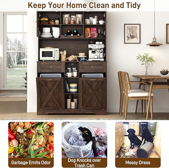 71" Tall 47"Wide Kitchen Pantry Storage Cabinet with Power Outlets,Farmhouse Kitchen Double Tilt Out Trash Cabinet 10X2 Gallon Garbage Holder with Two Drawers,Freestand Laundry Sort Cabinets(Brown)