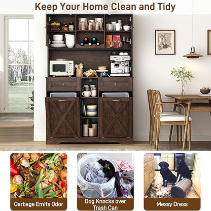 71" Tall 47"Wide Kitchen Pantry Storage Cabinet with Power Outlets,Farmhouse Kitchen Double Tilt Out Trash Cabinet 10X2 Gallon Garbage Holder with Two Drawers,Freestand Laundry Sort Cabinets(Brown)