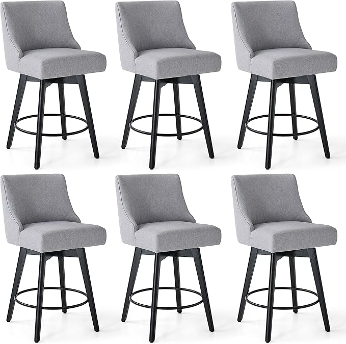 Counter Height Bar Stools Set of 6, Swivel Barstools with Backs and Wood Legs, Linen Fabric Upholstered Counter Stools for Kitchend Island, Mid-Century Modern 26" Seat Height Bar Chairs, Grey