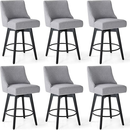 Counter Height Bar Stools Set of 6, Swivel Barstools with Backs and Wood Legs, Linen Fabric Upholstered Counter Stools for Kitchend Island, Mid-Century Modern 26" Seat Height Bar Chairs, Grey