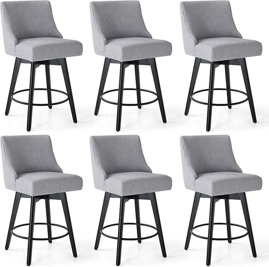 Counter Height Bar Stools Set of 6, Swivel Barstools with Backs and Wood Legs, Linen Fabric Upholstered Counter Stools for Kitchend Island, Mid-Century Modern 26" Seat Height Bar Chairs, Grey