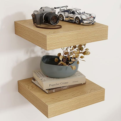 Venusmiles Square Floating Shelves for Wall, 12" W x 12" D x 2" H, 2 Pack of Small Wall Mounted Engineered Wood Shelves with Invisible Brackets for Living Room, Bedroom, Bathroom, Kitchen Decor, Oak