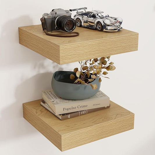 Venusmiles Square Floating Shelves for Wall, 12" W x 12" D x 2" H, 2 Pack of Small Wall Mounted Engineered Wood Shelves with Invisible Brackets for Living Room, Bedroom, Bathroom, Kitchen Decor, Oak