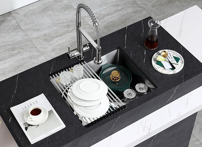 MENATT 24 Inch Undermount Kitchen Sink, 18 Gauge 304 Stainless Steel Single Bowl with Drying Rack & Bottom Grid, 9" Deep Compact Sink for Kitchen, Laundry, Bar