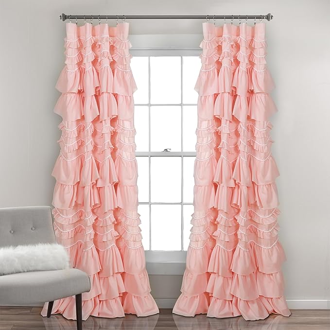 Lush Decor Kemmy Light Filtering Window Curtain Panel Single 52" W x 95" L Peachy Pink - Drapes - Ruffled Curtains for Bedroom - Pink Curtains - Coquette Decor