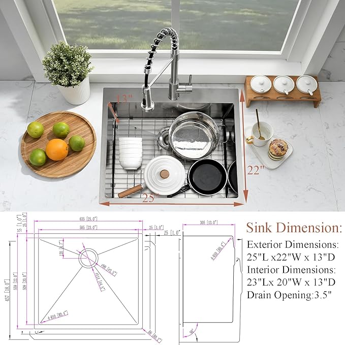 25 Inch Drop In Laundry Sink with Faucet Combo-Bokaiya 25"x22"x13" Stainless Steel Laundry Utility Room Sink 16 Gauge Deep Single Bowl Drop In Kitchen Sink