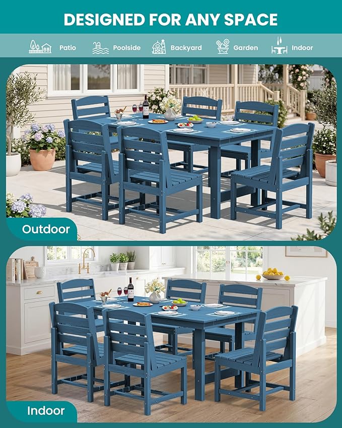 SERWALL Patio Dining Sets for 6 Person, HDPE Dining Set with 6 Armless Chairs, Blue
