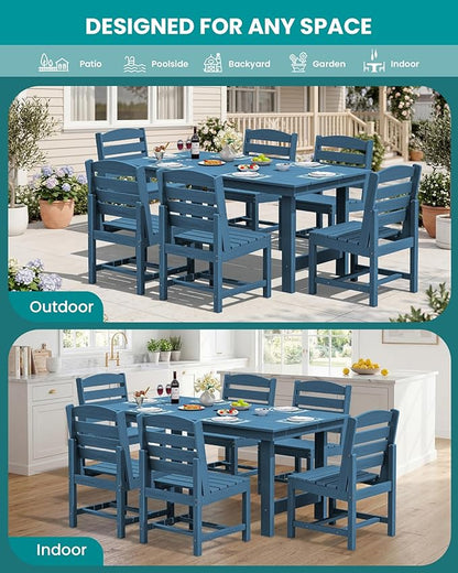 SERWALL Patio Dining Sets for 6 Person, HDPE Dining Set with 6 Armless Chairs, Blue