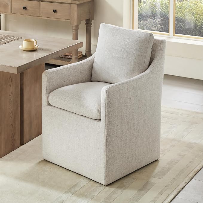 KISLOT Upholstered Dining Chairs with Casters, No Assembly Modern Accent Armchair with Rollers for Dining Room, Bedroom, Living Room, Reading Room, Already Assembled, Linen, 1 Box