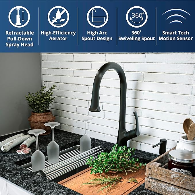 Karran Chantilly Touchless KKF375 Single Handle Pull Down Sprayer Kitchen Faucet in Matte Black