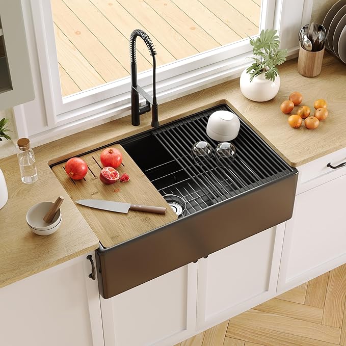 DeerValley Black Farmhouse Sink 33 Inch Fireclay Farmhouse Kitchen Sink Undermount Workstation Single Bowl Kitchen with Ledge and Workstation Accessories