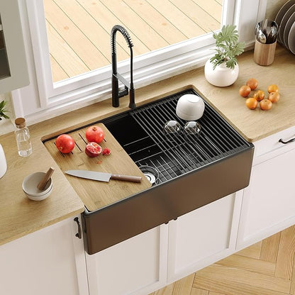 DeerValley Black Farmhouse Sink 33 Inch Fireclay Farmhouse Kitchen Sink Undermount Workstation Single Bowl Kitchen with Ledge and Workstation Accessories