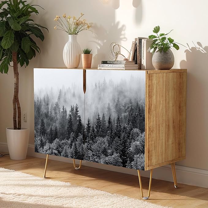 SIGNWIN Sideboard Buffet Cabinet, Kitchen Storage Cabinet with 2 Doors, Duotone Misty Foggy Mountain Forestra, Cupboard Console Table for Dining Room - 35" L x 18" W x 29" H