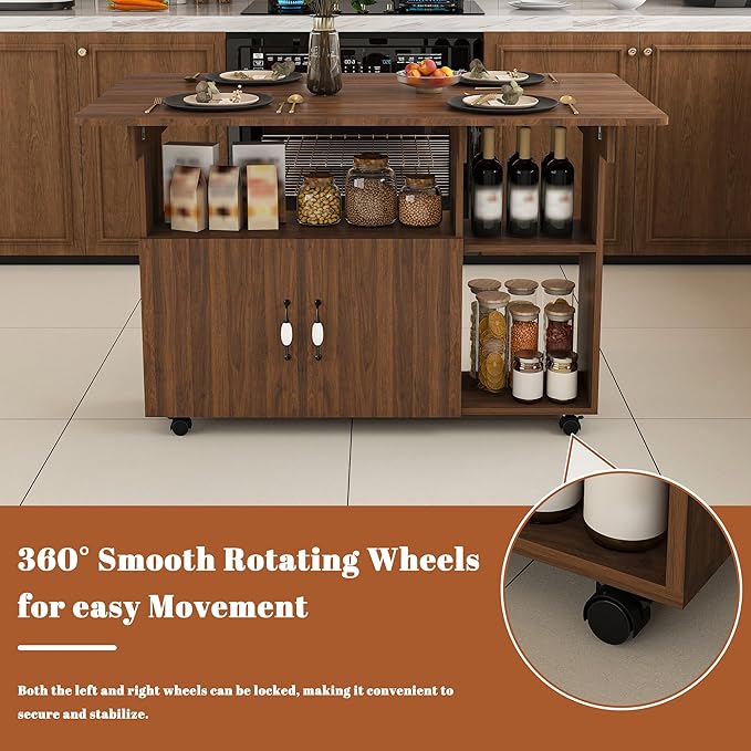 47" Foldable Dining Table for Small Space, Farmhouse Folding Kitchen Table with Storage Shelves and Wheels, Versatile Drop Leaf Table Extendable for Living Room, Dorm, Office, RV (Walnut)
