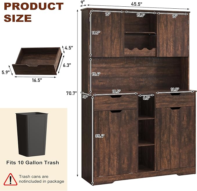 71"H Kitchen Pantry Storage Cabinet with Power Outlets and Two Drawers,10X2 Gallon Kitchen Hidden Double Tilt Out Trash Can Cabinet with Trash Bin Storage Holders,Laundry Hamper Cabinets(Brown)