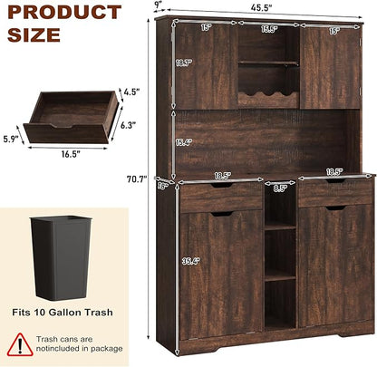 71"H Kitchen Pantry Storage Cabinet with Power Outlets and Two Drawers,10X2 Gallon Kitchen Hidden Double Tilt Out Trash Can Cabinet with Trash Bin Storage Holders,Laundry Hamper Cabinets(Brown)