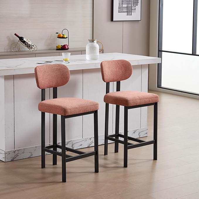 Modern Dining Chairs Set of 2, 26 inch Upholstered Fabric Counter Height Barstools with Sturdy Metal Legs, Stylish Simple Natural Kitchen Island Chairs for Versatile Use,Orange-Fabric-Foam-M