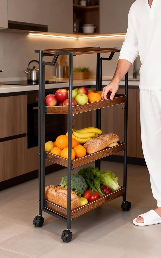 PeakPursuit Large 4-Tier Collapsible Wooden Storage Shelf – Heavy Duty 100 lbs Capacity, Locking Wheels – Space-Saving Organizer for Kitchen, Garage, Workshop, Home – No Assembly Required