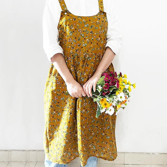 Cityelf Vintage Pinafore Apron Dress Snap Adjust Linen Cotton with Pockets Floral Aprons for Cooking Gardening