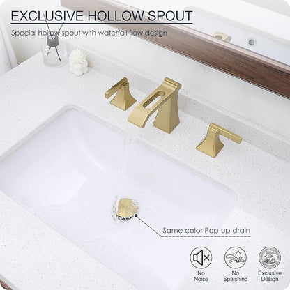 Brushed Gold Bathroom Faucet 3 Hole, Brass Waterfall 8 Inch Widespread Bathroom Sink Faucets with Pop-Up Drain, cUPC Water Hose, 2 Handles for Vanity, Restroom, Modern Hollowed Design