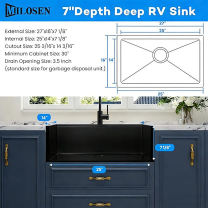MILOSEN Black RV Kitchen Sink, 27''×16''×7'' 16 Gauge T304 Stainless Steel Drop-in/Undermount Black RV Sink, Single Bowl Sinks for Caravans/Campervans & Site Cabins, 7 inch Depth Outdoor Trailer Sinks