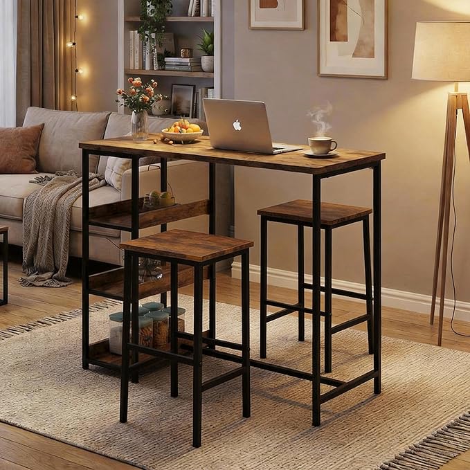GarveeHome 3-Piece Kitchen Table Set with Storage Shelves & 2 Bar Stools - Iron and Wood Dining Table for Small Spaces, Apartments, Condos, Rustic Brown