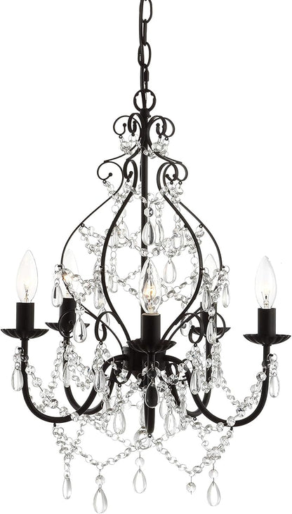 JONATHAN Y 17" Black 5-Light Crystal and Metal Chandelier, Traditional Cascading Beads, Adjustable Chain for Dining Room Entryway, UL Listed, LED Bulbs Included JYL9016A