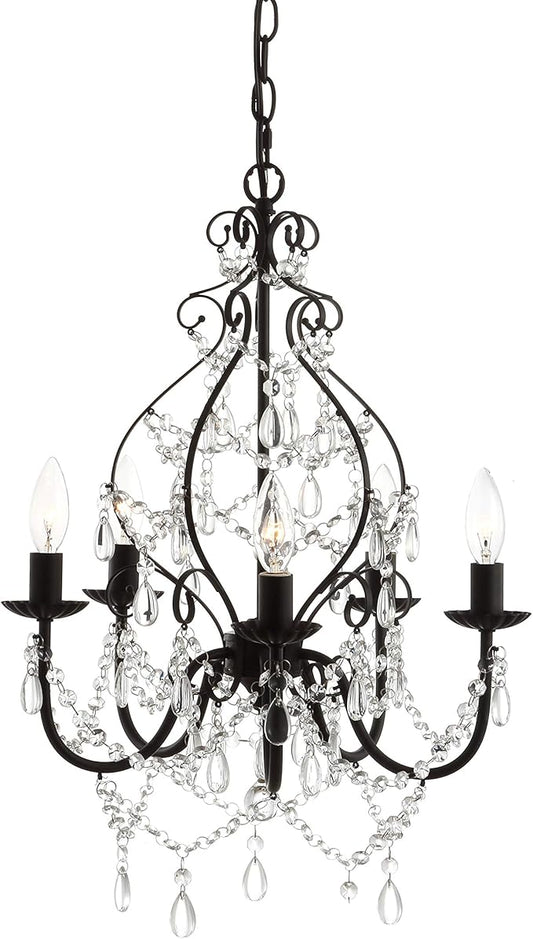 JONATHAN Y 17" Black 5-Light Crystal and Metal Chandelier, Traditional Cascading Beads, Adjustable Chain for Dining Room Entryway, UL Listed, LED Bulbs Included JYL9016A