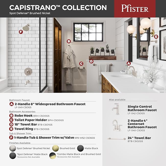Pfister Capistrano Widespread Bathroom Sink Faucet 8 in 3 Hole 2 Handle Brushed Nickel Vanity Faucet with Push & Seal Drain NSF Certified TiteSeal Mount LF049CSOGS