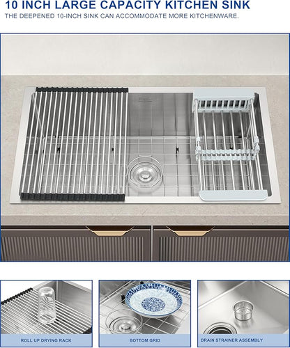 30 Inch Workstation Undermount Kitchen Sink with Overflow, 16 Gauge Stainless Steel Single Bowl Sink, 10 Inch Deep Sink with Dish Grid, Roll Drainer and Basket Strainer