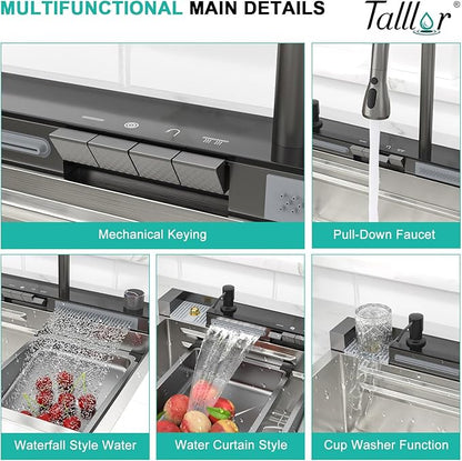 Smart Waterfall Kitchen Sink 30 Inch, Drop In Stainless Steel Single Bowl Workstation Sink with Pull-Down Faucet, Cup Washer & Multi-Function Spray #TLWF-0025