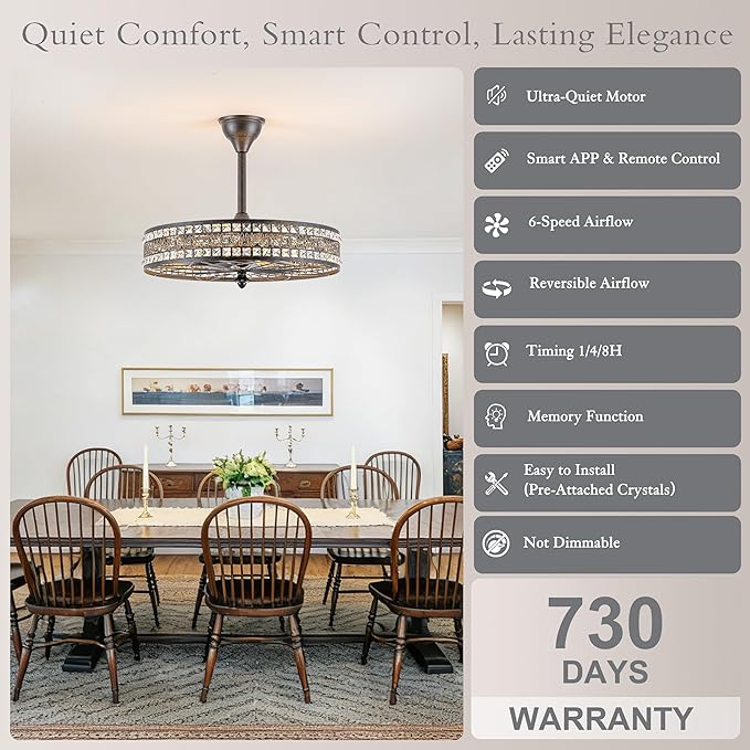 Art Deco Chandelier Light Fixture, 8-Light 24 Inch Large Unique Crystal Fandelier Ceiling Fan with Light, Transitional Art Nouveau Bladeless Enclosed Caged Pendant for Living , Dining , Bedroom