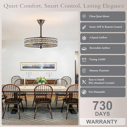 Art Deco Chandelier Light Fixture, 8-Light 24 Inch Large Unique Crystal Fandelier Ceiling Fan with Light, Transitional Art Nouveau Bladeless Enclosed Caged Pendant for Living , Dining , Bedroom