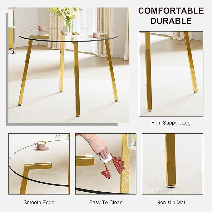 Round Glass Dining Table Set with 4 Transparent Plastic Chairs, 42 Inch Diameter Clear Tempered Glass Top with Gold Metal Legs, Contemporary Aesthetic for Dining Room and Kitchen