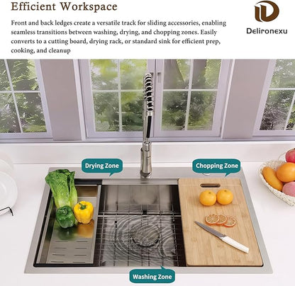 33x22 Drop In Kitchen Sink, Delironexu 33 Inch Kitchen Sink Workstation, 16 Gauge 304 Stainless Steel Top Mount Kitchen Sink Single Bowl with Accessories