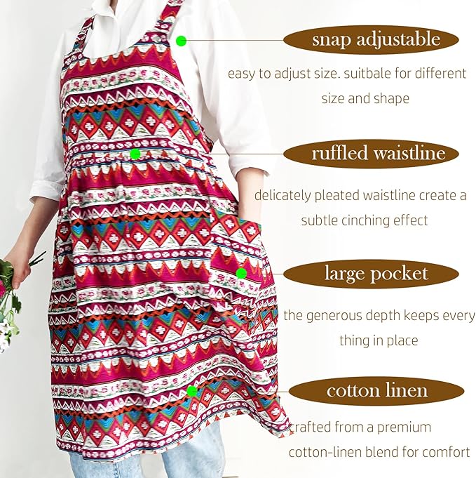 Cityelf Vintage Pinafore Apron Dress Snap Adjust Linen Cotton with Pockets Floral Aprons for Cooking Gardening