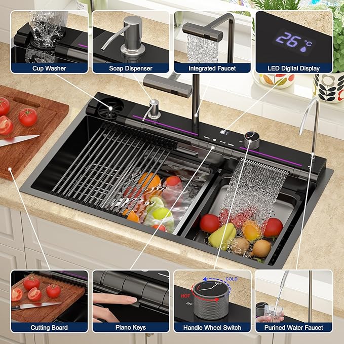 Lordear Drop In Kitchen Sink, 33 inch Black Waterfall Sink 16 Gauge Stainless Steel, Above Counter Smart Kitchen Sinks, Single Bowl with Integrated Control for Powerful Cleaning