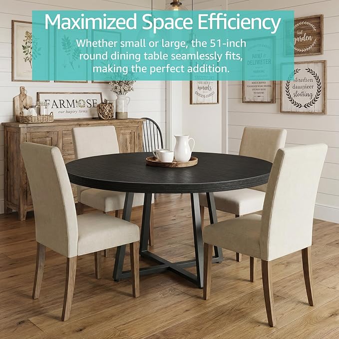NUTIKAS 47 Inch Round Dining Table for 4, Modern Black Wood Grain Kitchen Table with Cross Metal Legs, Circular Industrial Dinner Table for Small Spaces, Breakfast Nook, Apartment, Office