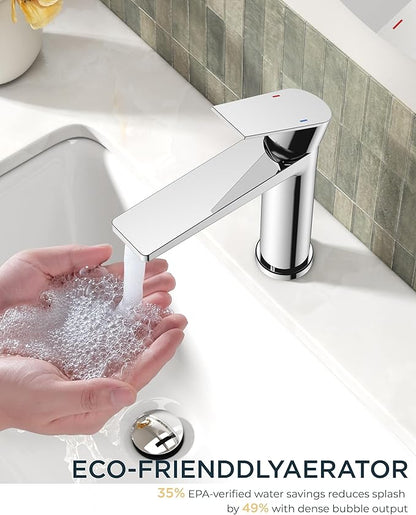 FORIOUS Polished Chrome Bathroom Faucet 1 Hole, Single Handle Single Hole Bathroom Faucet Chrome with Deck Plate and Pop Up Drain, CUPC Hoses for One Handle Vanity Sink, Rv, Camper
